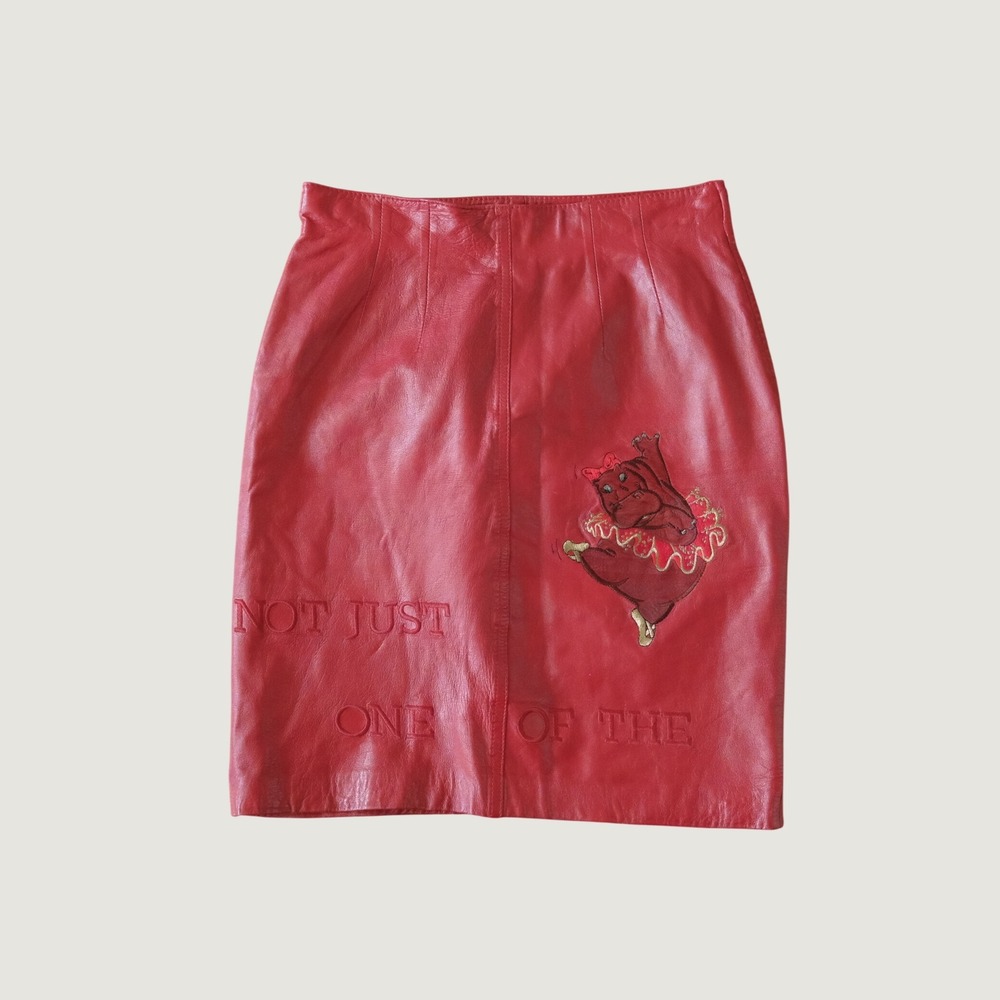 Iceberg Leather Skirt Red Embroidered Hippo Embossed Text 26 Made in Italy